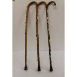 Three wooden walking canes with metal badges from Europe and the UK.