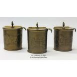 A set of three small decorative brass tea, coffee and sugar pots, with hinged lids and ladles