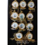 Eleven novelty pocket watches depicting ships, all with gold coloured Albert chains