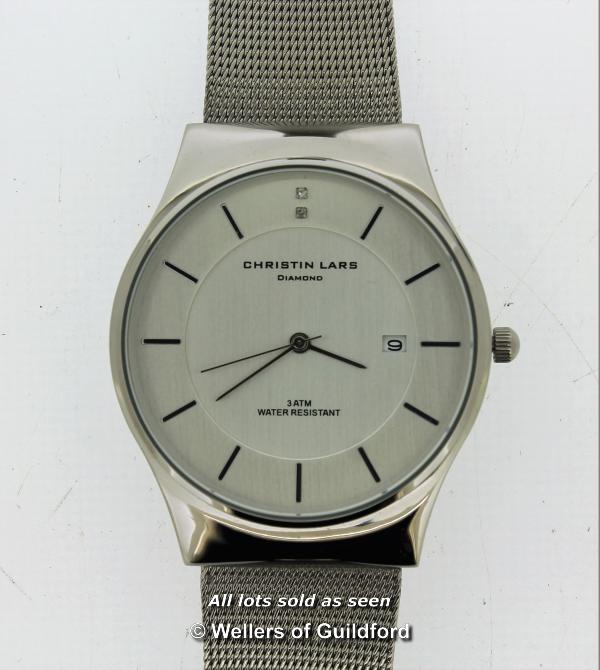 Gentlemen's Christin Lars stainless steel wristwatch, circular silvered dial with baton hour