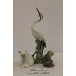 Three Lladro animals, seated polar bear 1209, Dancing Crane 1614 (af), Mini Monkey 5432. (3)