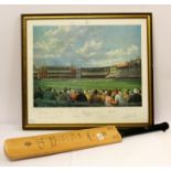 Cricket bat celebrating the 1880 Centenary Test Cricket Bat, together with a print by Alan Fearnley,