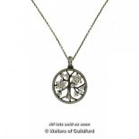 *Pandora pendant necklace, circular pendant set with white stones on a Pandora chain, length 80cm (
