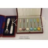 A set of six silver gilt and enamel coffee spoons by Fribast, Denmark, boxed; a pair of silver