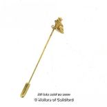 9ct yellow gold stick pin of a frog prince holding a small diamond, gross weight 1.0 grams