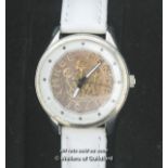 Ladies' Three Pence novelty wristwatch, on a white leather strap, boxed