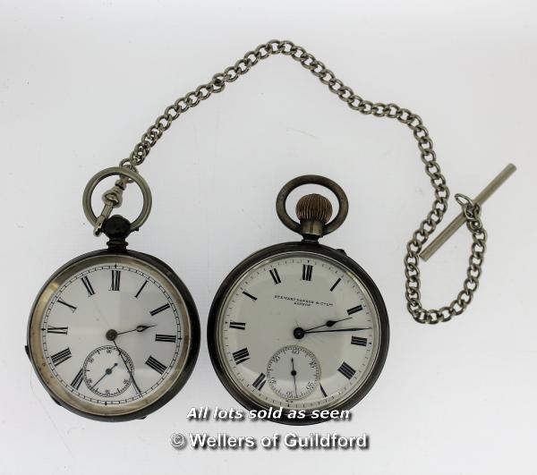 Silver Stewart Dawson & Co Ltd pocket watch, white enamel dial with Roman numerals and subsidiary