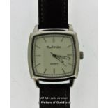 Gentlemen's Marcel Drucker wristwatch, square cream dial with baton hour markers, on brown strap,