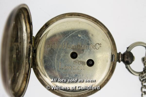 Silver Stewart Dawson & Co Ltd pocket watch, white enamel dial with Roman numerals and subsidiary - Image 4 of 10