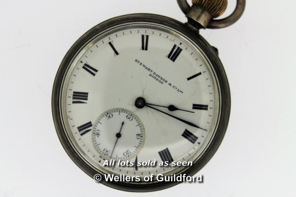 Silver Stewart Dawson & Co Ltd pocket watch, white enamel dial with Roman numerals and subsidiary - Image 6 of 10