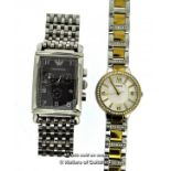 *Gentlemen's Emporio Armani stainless steel wristwatch, rectangular dark grey dial with Arabic