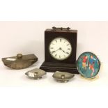 Late 19th Century timepiece; vintage football alarm clock; pair of Satinsteel candlesticks; old