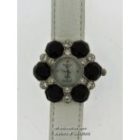 Ladies' Marcel Drucker wristwatch, mother of pearl floral design dial on a white leather strap,