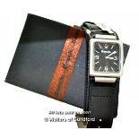 Gentlemen's Bench wristwatch, rectangular black dial with Arabic numerals and baton hour markers,