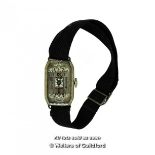 *Ladies' Art Deco wristwatch, rectangular silvered dial with Arabic numerals, on a black fabric