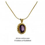 Amethyst pendant, oval cut amethyst rubover set in 9ct yellow gold with a fancy openwork border,
