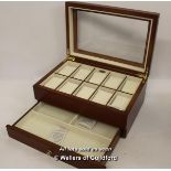 Wooden display box for ten watches and a drawer for jewellery