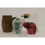 Wedgwood glass elephant; wooden tankard detailed 'Kashmir 1946'; glass paperweight; glass