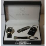 Gentlemen's Philip Mercier wristwatch and tool giftset, watch with circular black dial and baton