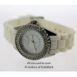 Ladies' Sekonda wristwatch, circular white dial with baton hour markers and white stone set bezel,