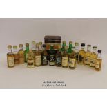 Miniature whiskies comprising 14 single malts including Blair Athol, Macallan and Tamdhu, a boxed
