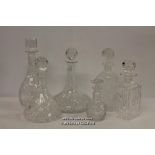Two ship's decanters; two square section decanters; globular decanter etched with vines; Stuart