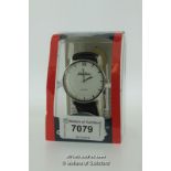 Gentlemen's Smith & Jones wristwatch, circular white dial with baton hour markers, on black strap,