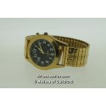 Gentlemen's gold coloured stainless steel wristwatch, circular black dial, expandable bracelet,