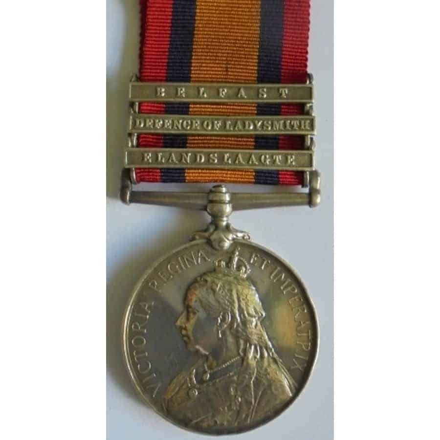 Queens South Africa Medal, three clasps, Elandslaagte, Defence of Ladysmith, Belfast named to 4182 - Image 2 of 4