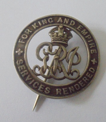 Silver War Badge. No.185443 awarded to Private Alfred Gilkes, who was discharged due to sickness