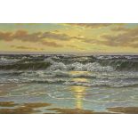 Undeutlich signiert: Abenstimmung am Strand.Öl/Leinwand, rechts unten signiert. 60 x 90 cm, beige-