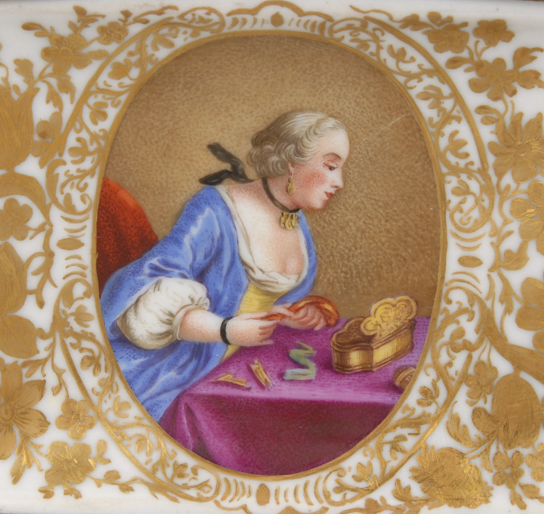 Tabatiere mit Watteaumalerei und Damenporträt, MEISSEN.Ungemarkt, 18. Jahrhundert. Polychrome - Image 3 of 4