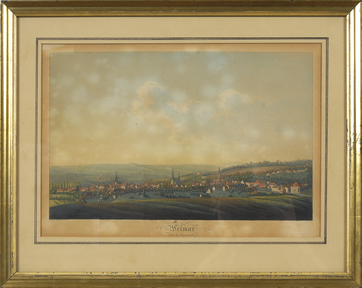 Ansicht der Stadt Weimar.Kolorierte Lithografie, um 1840, Ansicht 22 x 33,5 cm, verglast und - Image 2 of 2