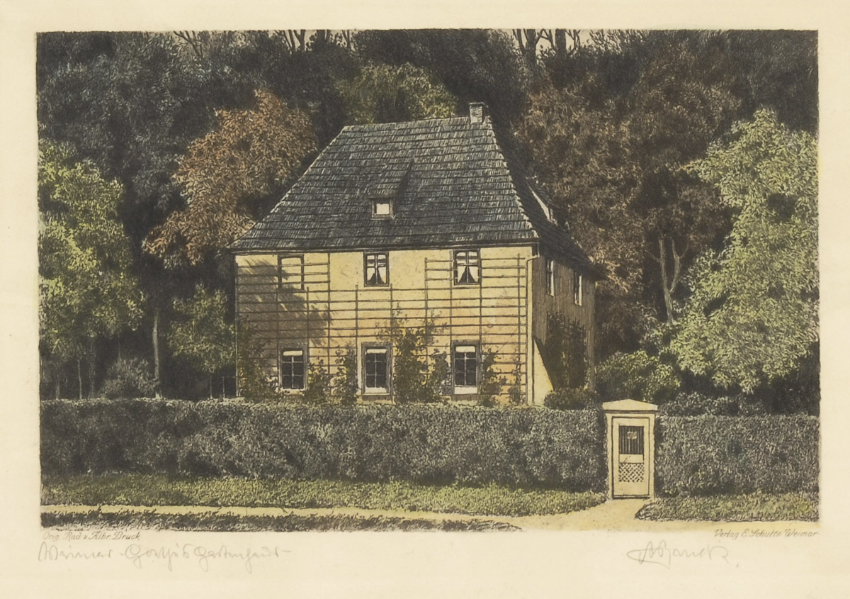 BRUCK, Albrecht: "Weimar - Goethes Gartenhaus".Kolorierte Radierung, Bleistiftsigantur, betitelt,