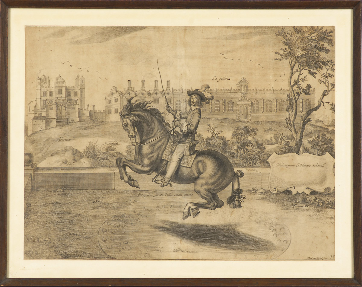 2 Darstellungen aus William Cavendishs Reitschule.Kupferstiche, Platte je 39 x 51 cm, verglast und