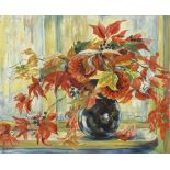 Stillleben mit Blumenstrauß.Öl/Leinwand, unsigniert, 20. Jh. 61 x 76 cm, ungerahmt. Rotes Herbstlaub