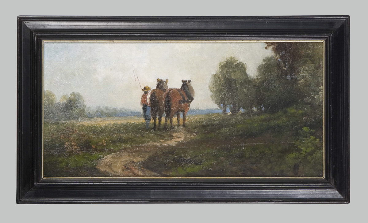 Münchner Malerschule 19. Jahrhundert:"Bauer mit Pferden in Landschaft".Öl auf Leinwand auf Karton, - Image 2 of 3