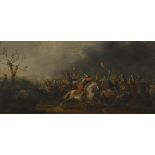 Barockmaler: Reiter in der Schlacht.Öl/Holz, unsigniert, 17./18. Jh. 18 x 37 cm, Goldstuckrahmen mit