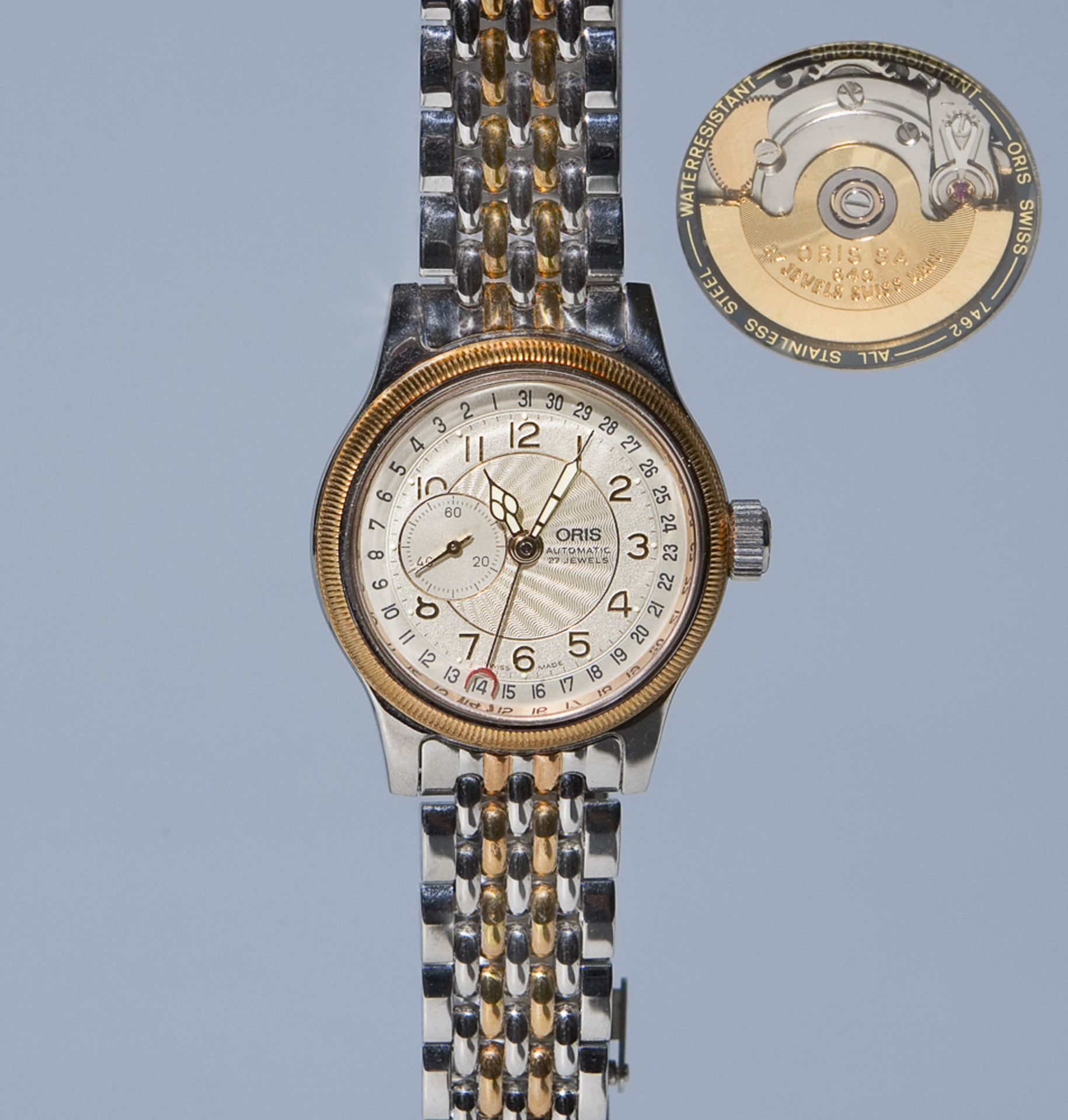 Oris-Automatik-Armbanduhr.Edelstahl, partiell goldfarben beschichtet, Zifferblatt, Werk,Armband