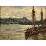 RHEINERT, Adolf: Fischer auf dem Rhein.Öl/Leinwand, links unten signiert. 19 x 24 cm, Goldrahmen