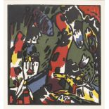 KANDINSKY, Wassily: "Reiter in Landschaft mit Turm".Farbholzschnitt, Stock 16,5 x 15 cm, verglast