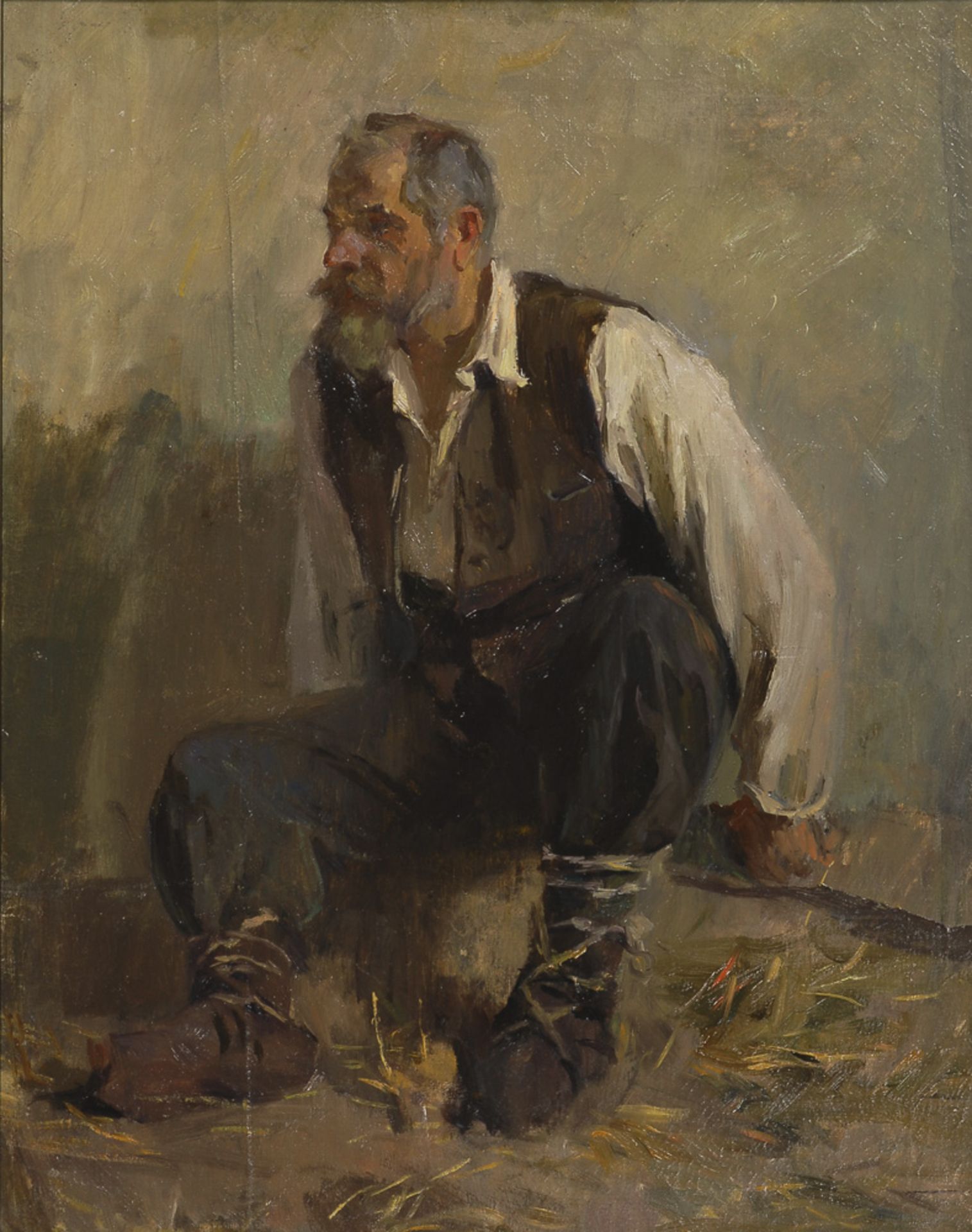 Russischer Maler: Sitzender Bauer.Öl/Leinwand, unsigniert, verso kyrillischer Schriftzug. 58 x 47