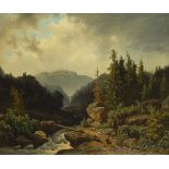 Spätromantische Landschaft mit Reiter.Öl/Leinwand/Holz, unsigniert, 2. Hälfte 19. Jh. 74 x 90 cm,