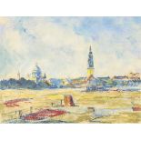 Undeutlich signiert: Sonniges Stadtpanorama.Pastell, rechts unten undeutlich signiert/datiert: 1921.