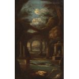 BEMMEL, Willem van: Grottenlandschaft mit Architektur.Öl/Leinwand, unsigniert, 17. Jh. 47 x 30 cm,