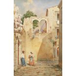 Italienischer Maler: Paar in sonniger Gasse.Aquarell, links unten undeutlich signiert, um 1900.