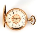 Goldene Savonnette mit Uhrenkette.Um 1920. 585 gepunzt, Feingehaltsstempel, Firmenmarke Michael