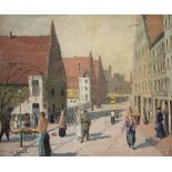 MÜHLBECK, Josef (1878 Simbach - 1948 München):"Belebte Straße in Gent".Öl auf Leinwand auf Karton,