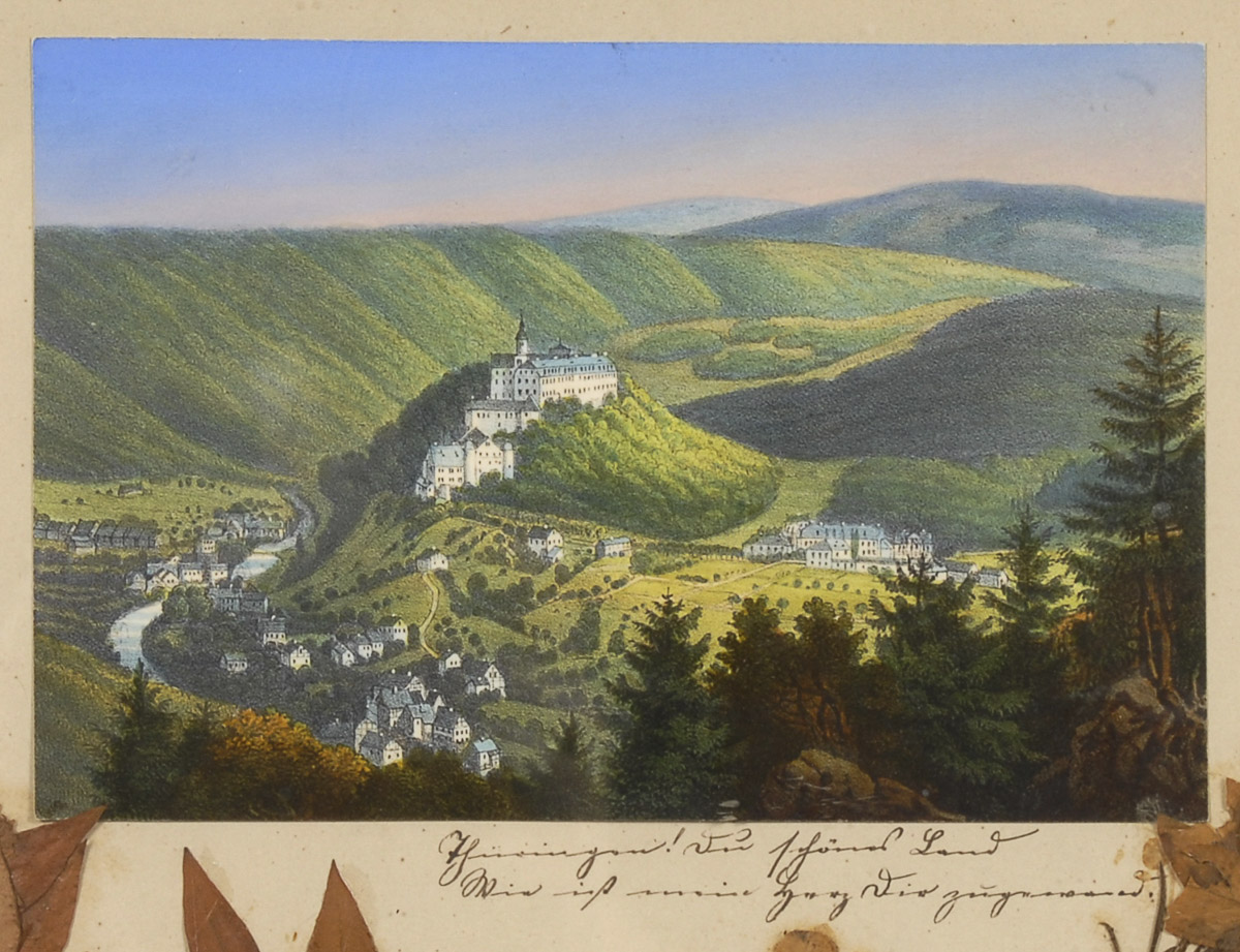 Ansicht von Schwarzburg mit Schloss.Kolorierte Lithografie, Blatt 11 x 16,6 cm, verglast und gerahmt