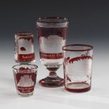 4 Ansichtengläser.BÖHMEN, 2. Hälfte 19. Jahrhundert. Farbloses, rot gebeiztes Glas;Mattschliffdekor.